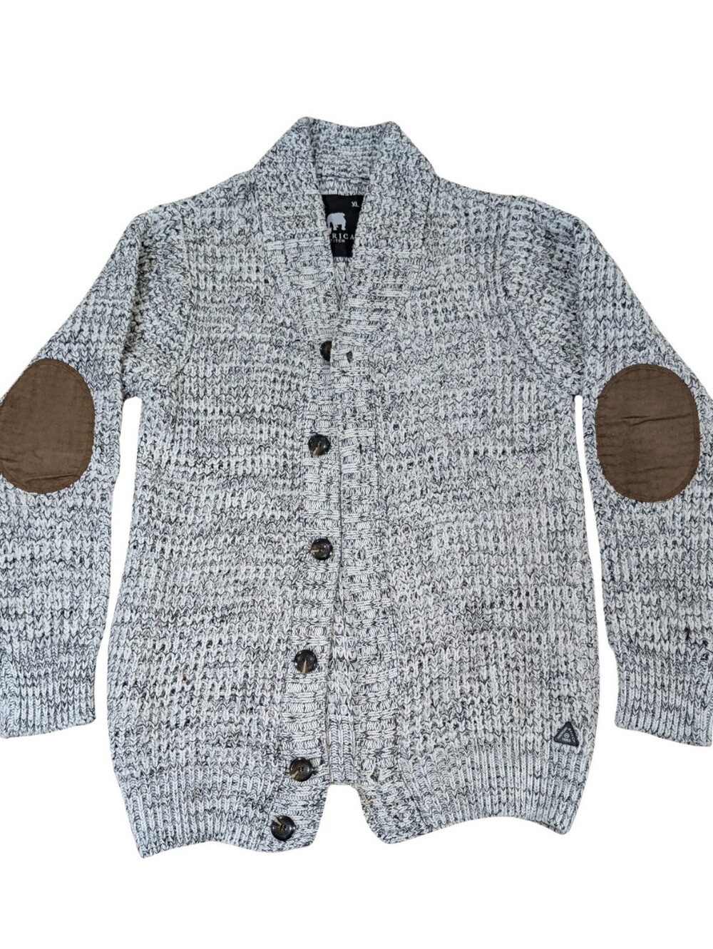 American Stitch Mens XL Grey Chunky Knit Shawl Collar Elbow Patch Cardigan